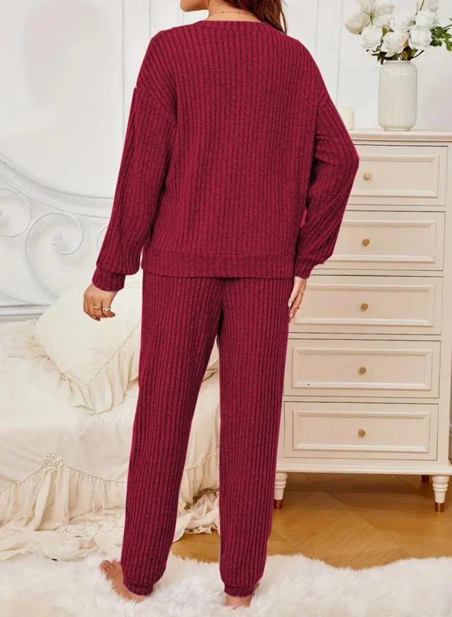 Take Two Burgundy Women Burgundy Ribbed Top and Pyjama Set for Women | Best Price UAE